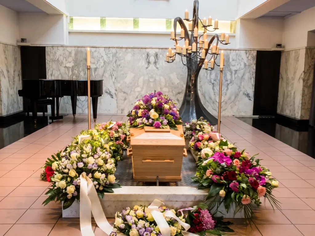 Een aula met een lichte kist op een stenen sokkel, omringd door bloemstukken, met een grote smeedijzeren kaarsenboom en een vleugel op de achtergrond