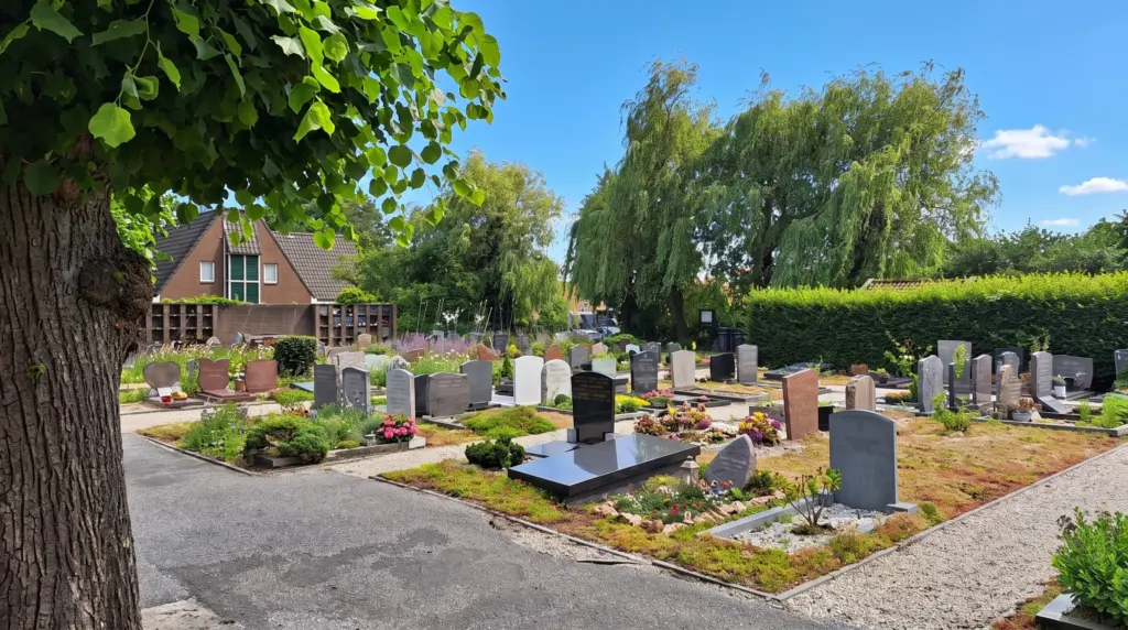De Algemene Begraafplaats Bennebroek op een zomerdag: een slingerend pad langs graven, treurwilgen en een hoge haag onder een blauwe lucht