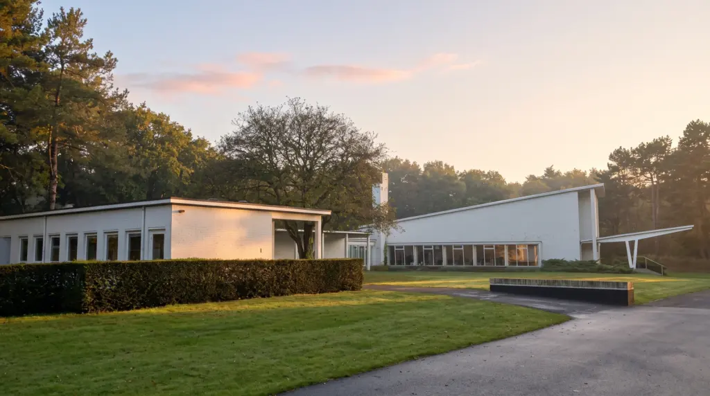 De aula van Dudok op begraafplaats Duinhof in het ochtendlicht