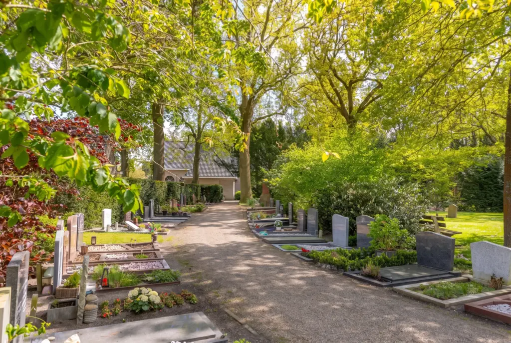 Een grindpad tussen graven en hoge bomen op de Algemene Begraafplaats Herfstlaan in Heemstede, met een kapel aan het eind