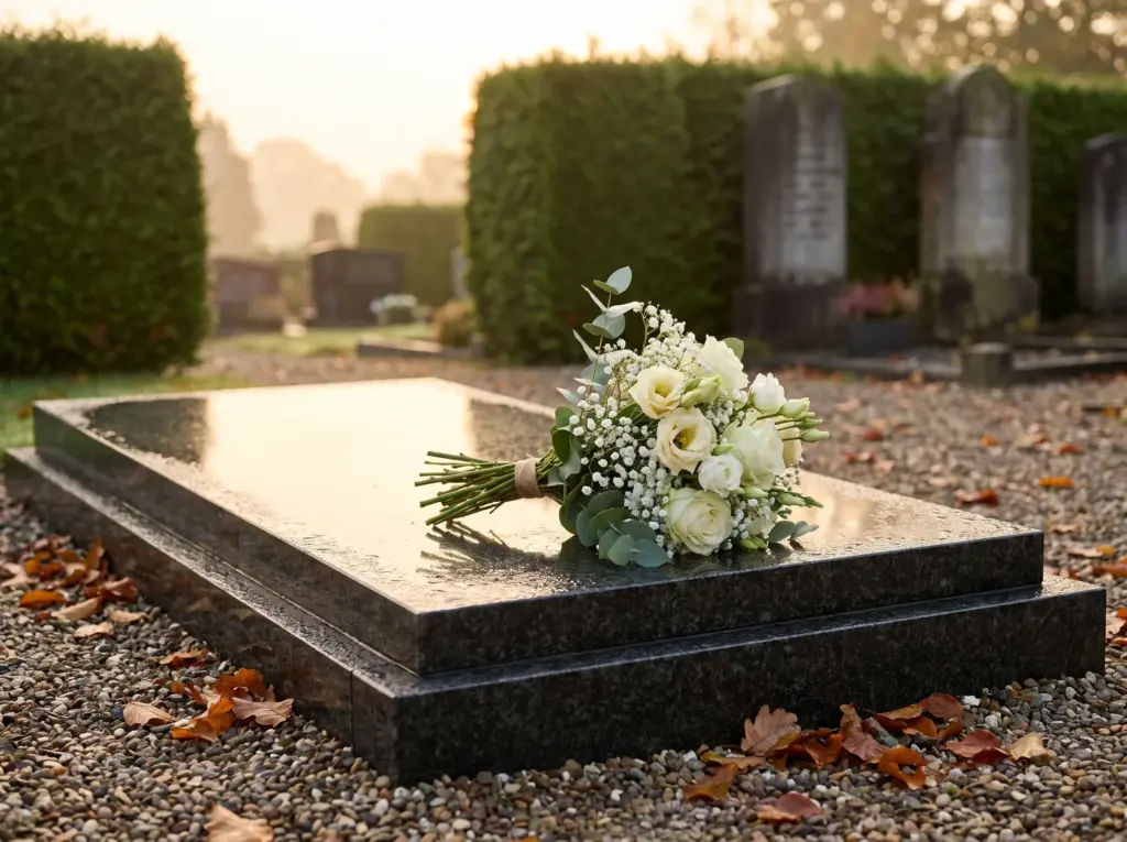 Een boeket witte bloemen op een granieten grafsteen in de lage ochtendzon, met herfstblad op het grind eromheen