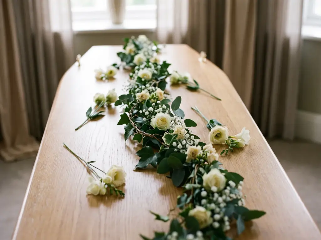 Een lange band van groen en witte bloemen over de lengte van een lichte kist, met enkele losse bloemen erop gelegd