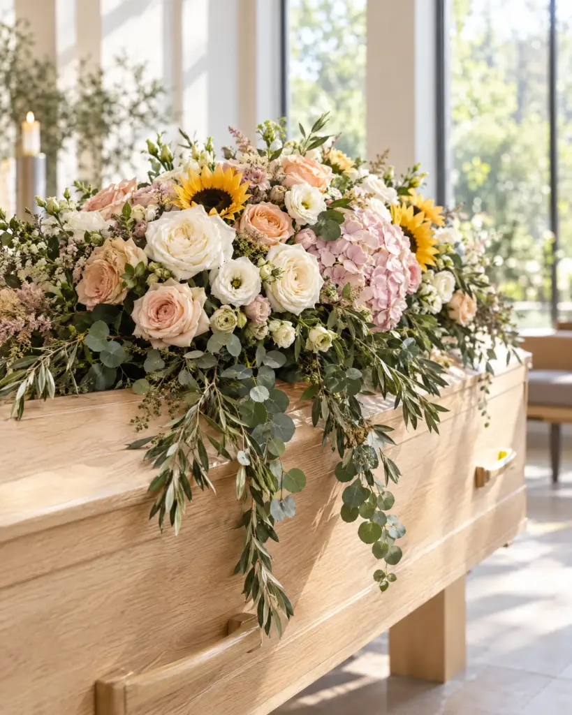 Een licht eikenhouten kist met een royaal bloemstuk van witte en zachtroze rozen, hortensia, een paar zonnebloemen en overhangende olijftakken, in een lichte aula met hoge ramen