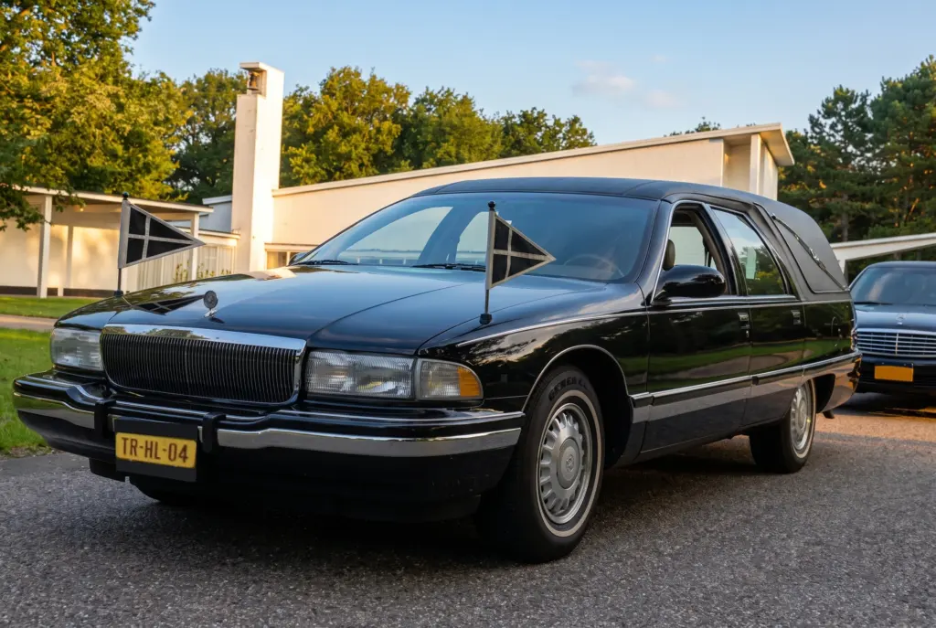 Een zwarte Buick Roadmaster-rouwauto uit de jaren negentig met twee rouwvlaggetjes op de motorkap, voor het witte aulagebouw van Dudok op Begraafplaats Duinhof in IJmuiden