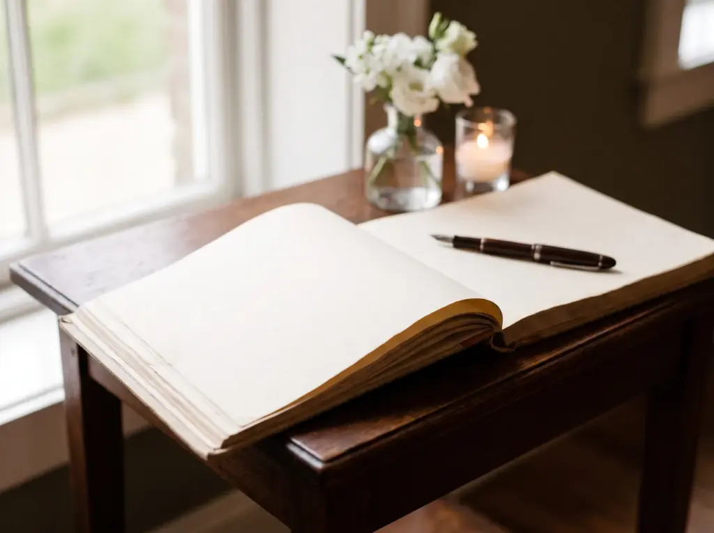 Een opengeslagen condoleanceboek met blanco pagina's op een donkere tafel, met een vulpen ernaast en op de achtergrond een kaars en witte bloemen