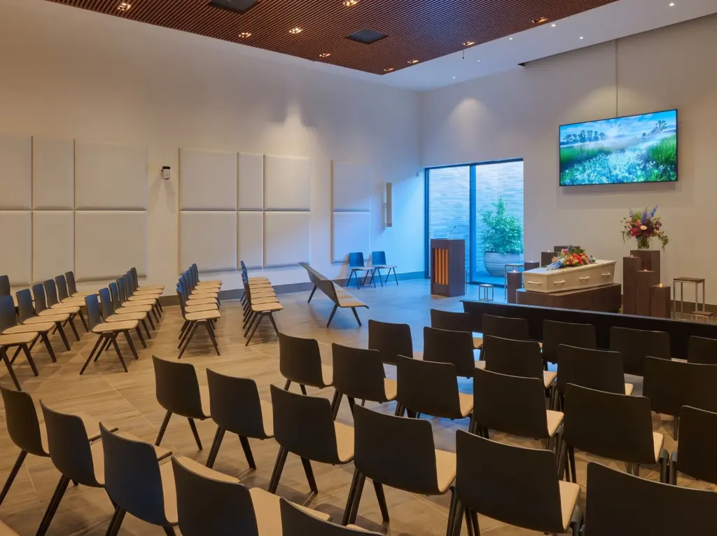 De Van Goghzaal van Crematorium Duin en Bollenstreek met rijen stoelen, witte wandpanelen en een raam naar de patio
