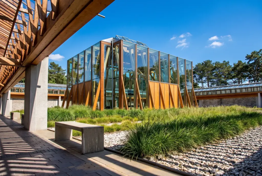 De binnenplaats van Crematorium Haarlem: een glazen paviljoen met houten spanten, siergrassen en een overdekte houten galerij onder een blauwe lucht
