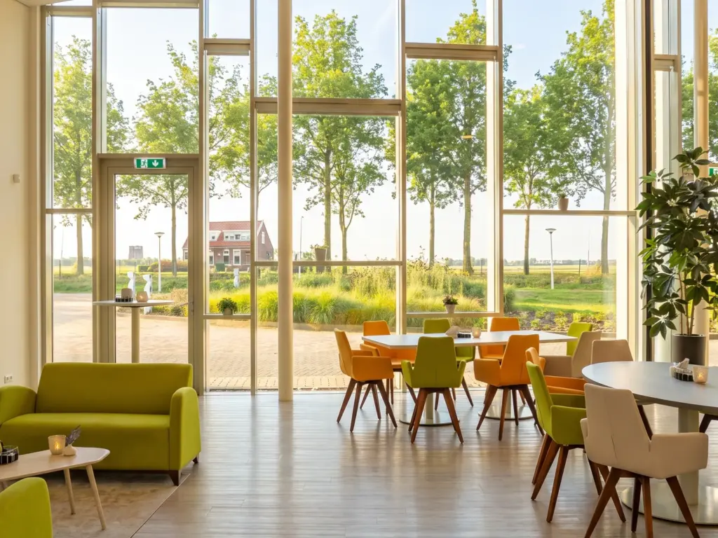 De grote koffiekamer met ronde tafels, geelgroene en oranje stoelen en een glazen wand die uitkijkt over de polder
