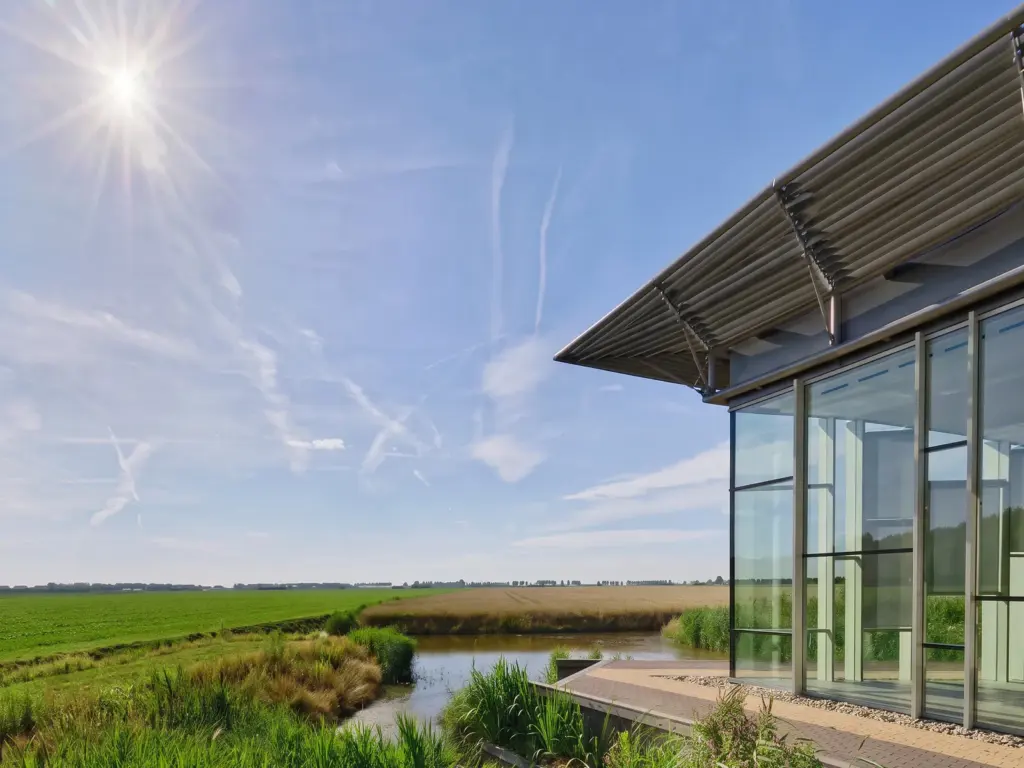 De glazen zijgevel kijkt uit over een sloot met riet en daarachter het open polderland, tot aan de bomenrij aan de horizon