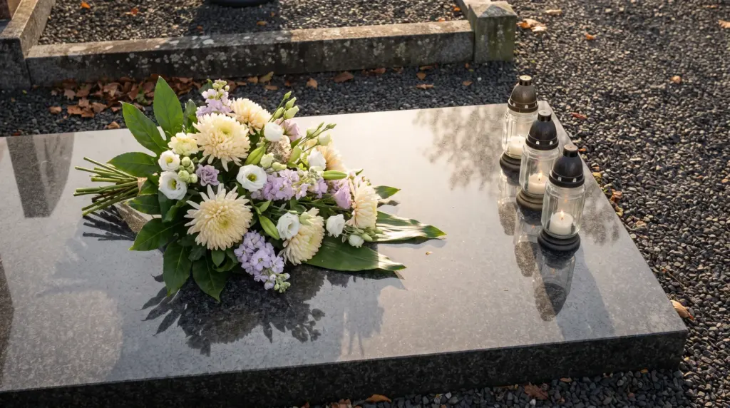 Een bloemstuk met crèmekleurige chrysanten en drie grafkaarsjes op een granieten grafsteen in de late middagzon