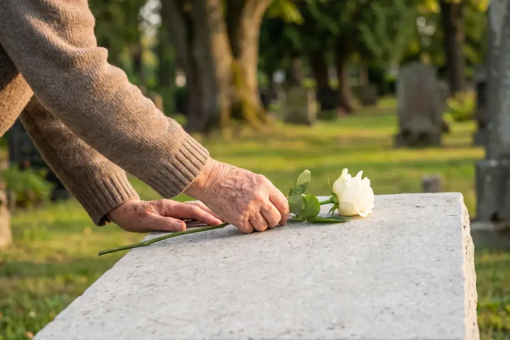 Twee handen van een oudere persoon leggen een witte roos op een lichte grafsteen, in de late middagzon