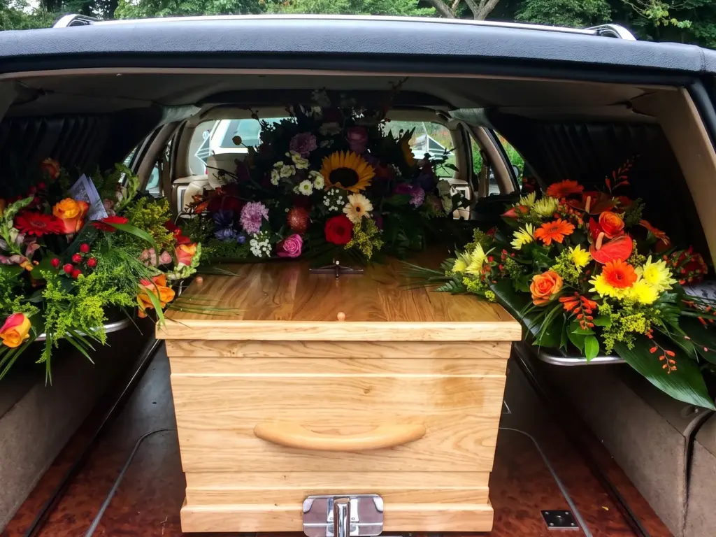 Blik door de open achterklep van de rouwauto op een lichte kist, met aan weerszijden kleurrijke bloemstukken met gerbera's, een zonnebloem en rozen