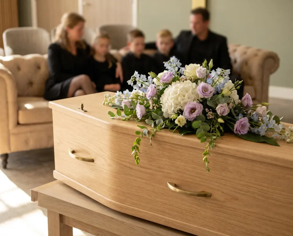 Een eikenhouten kist met een bloemstuk van witte hortensia en lila bloemen in een zaal, met op de achtergrond onscherp de familie