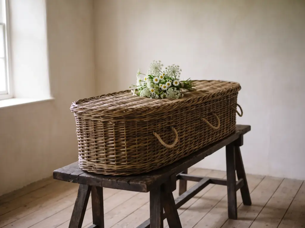 Een gevlochten mand van wilgenteen met touwen handvatten op een houten baar, met een klein boeket witte veldbloemen erop