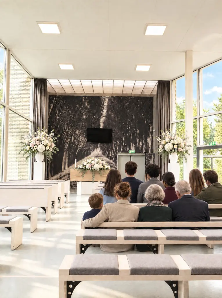 De aula van Rietveld tijdens een uitvaartdienst: een lichte eikenhouten kist met witte en zachtroze bloemen voor de grote foto van een bomenlaan, met op de voorste banken een familie van jong tot oud in ingetogen kleding