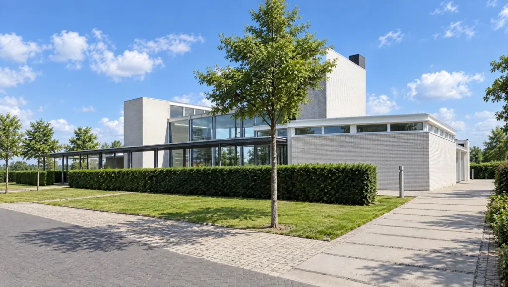 De aula van Rietveld op begraafplaats Meerterpen op een zonnige dag: witte en grijze bakstenen bouwdelen, een hoge glazen gevel en een lange overkapping, achter een geschoren haag