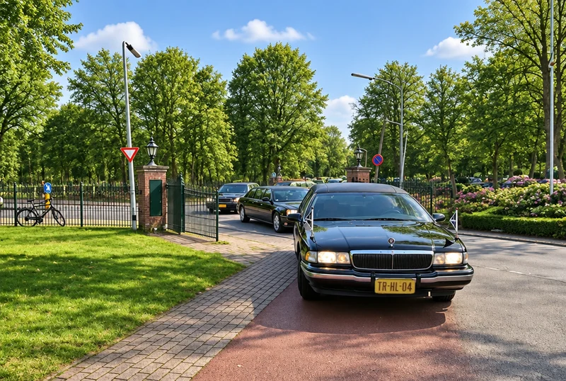 Een zwarte rouwauto met rouwvlaggetjes rijdt voorop in een stoet van zwarte volgauto's door de poort van een begraafplaats, op een zonnige zomerdag