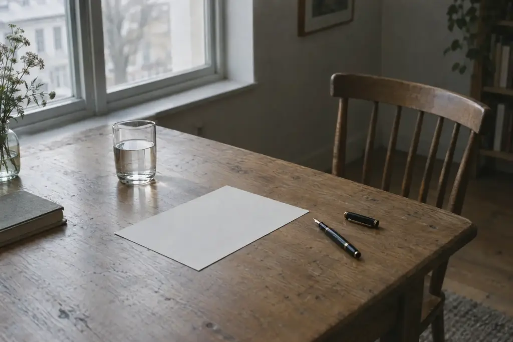 Een blanco vel papier met een vulpen erop, op een houten tafel bij het licht van het raam