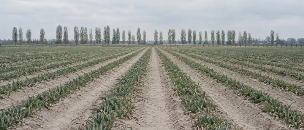 Een bollenveld na de bloei, rechte rijen op lichte zandgrond met populieren erachter