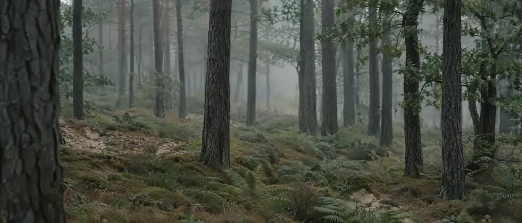 Een stil dennenbos op duingrond met varens en ochtendnevel tussen de stammen
