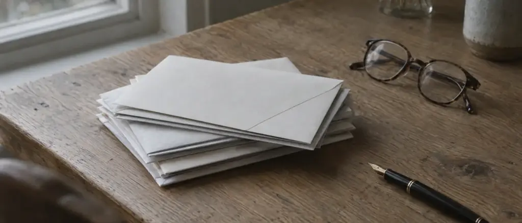 Een stapel enveloppen met een vulpen en een leesbril op een houten tafel