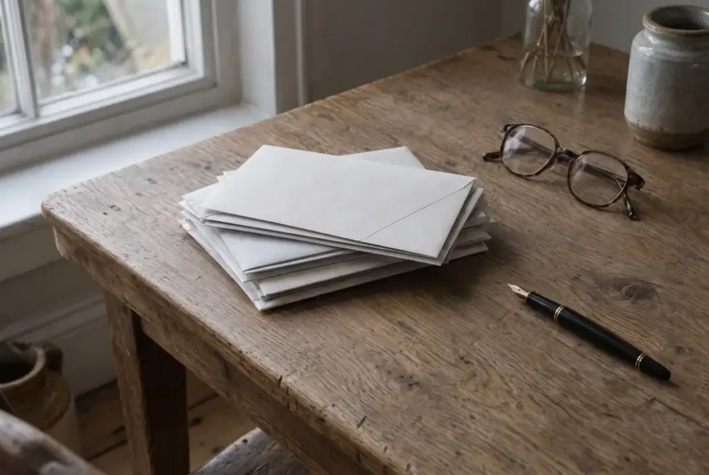 Een stapel enveloppen met een vulpen en een leesbril op een houten tafel