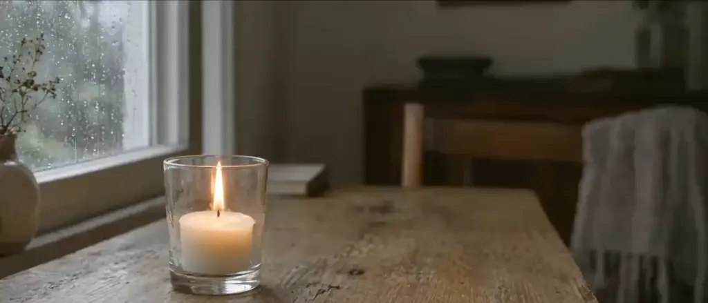 Een brandende kaars op een vensterbank bij een raam, met daarbuiten het laatste daglicht