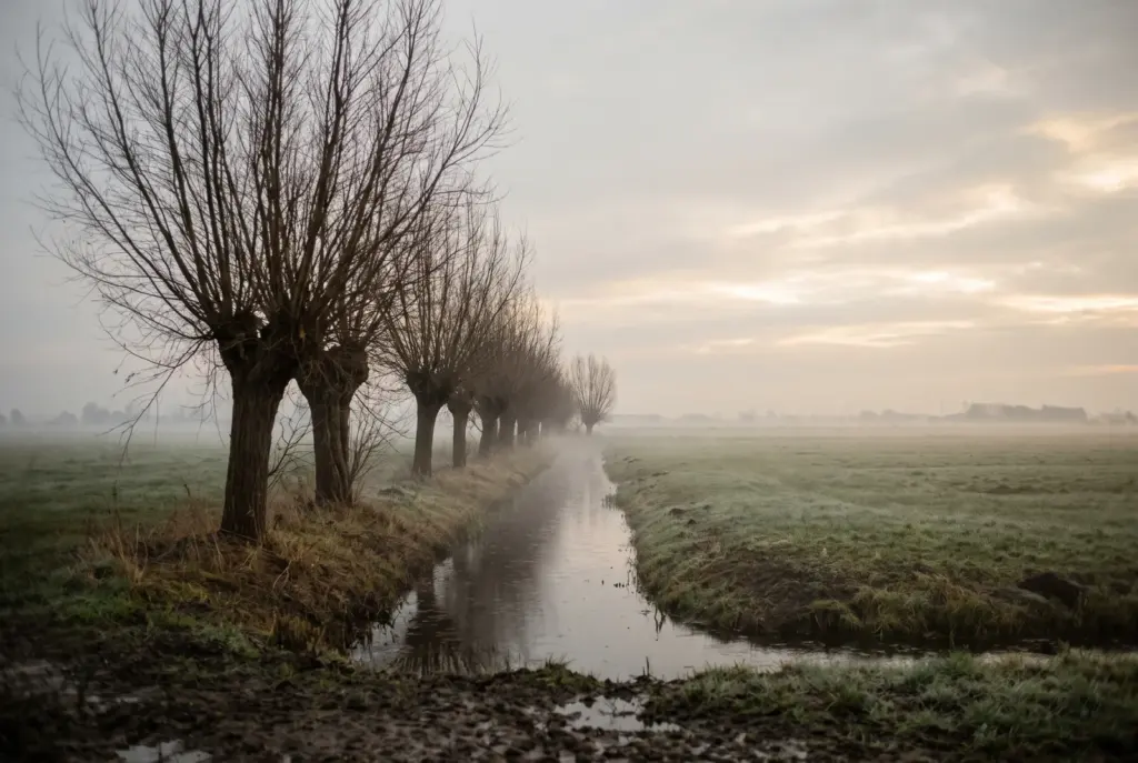 Een rij knotwilgen langs een rechte sloot door vlak weiland, met lage mist en een grijsgouden lucht net na zonsopkomst