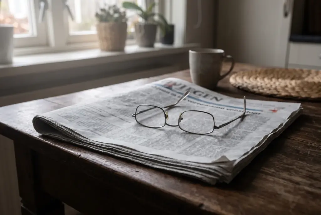 Een opgevouwen krant op een donkere houten tafel bij een raam, met een leesbril erop