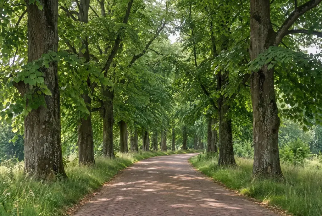 Een zandpad tussen twee rijen oude lindebomen, in vol zomergroen