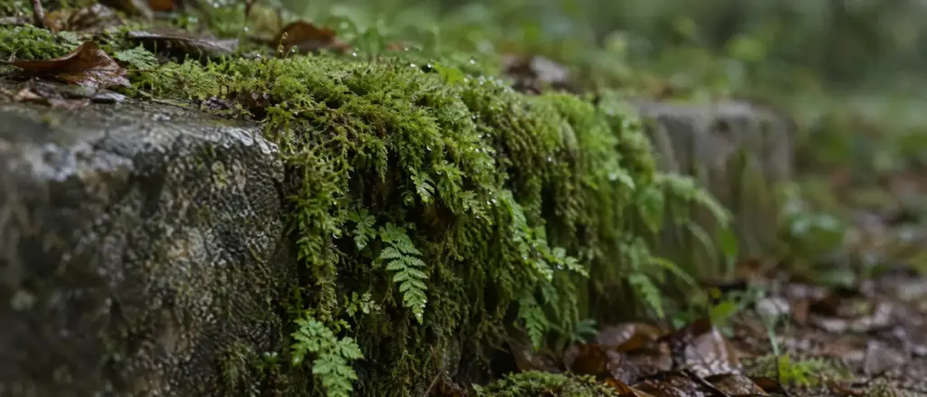 Mos en varens op een oude natuurstenen rand, met gevallen blad eromheen