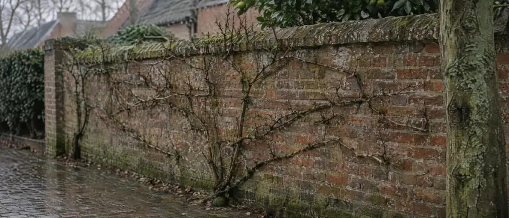 Een oude muur met klimroos