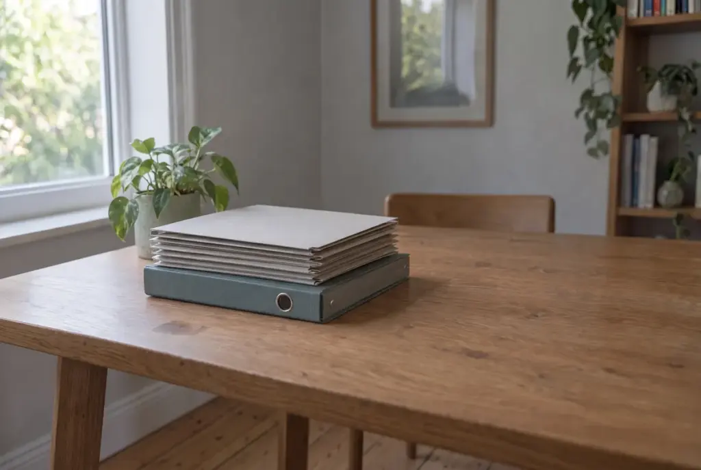 Een stapel ordners op een houten tafel bij een raam, met een plantje ernaast