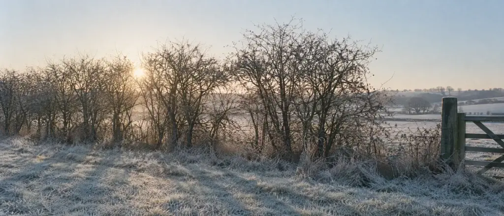 Lage winterzon achter een kale haag, lange schaduwen over berijpt gras