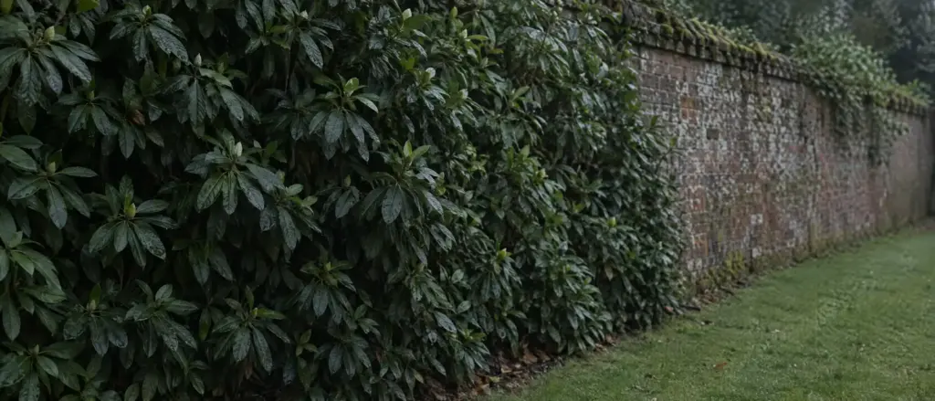 Een oude bakstenen muur met daarvoor een dichte rij donkergroene rododendron