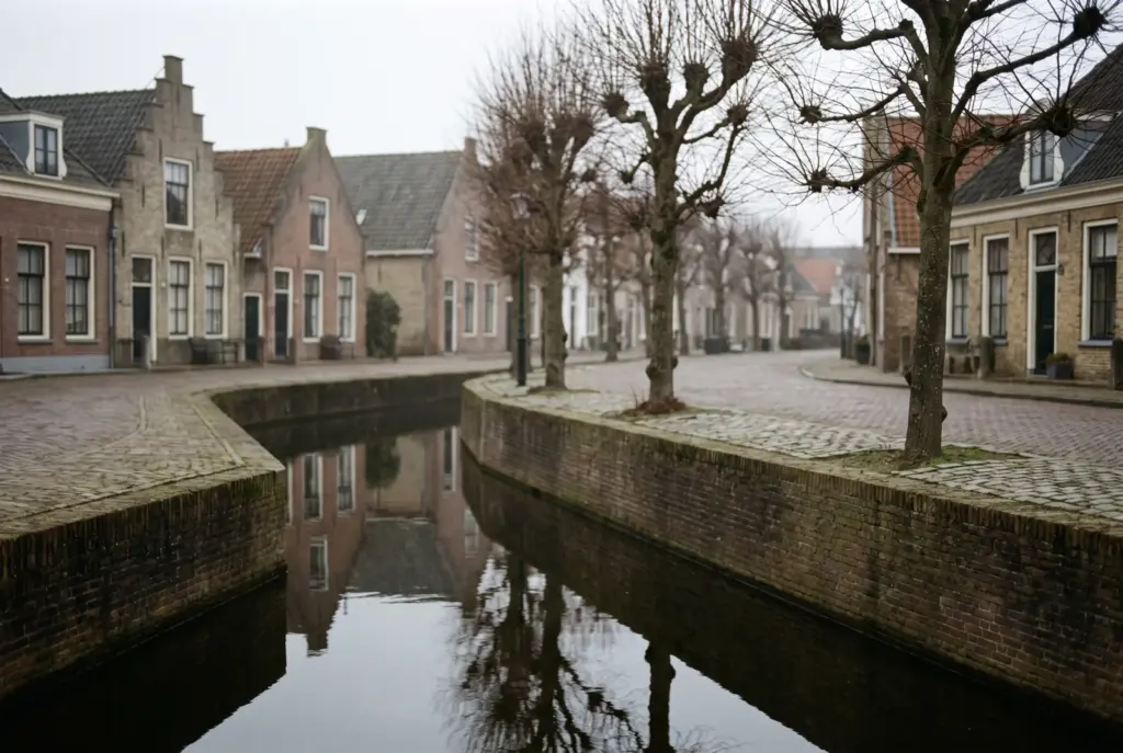 Een stille gracht in een klein dorp op een grijze ochtend, met kale bomen langs de kade en oude huizen aan de overkant