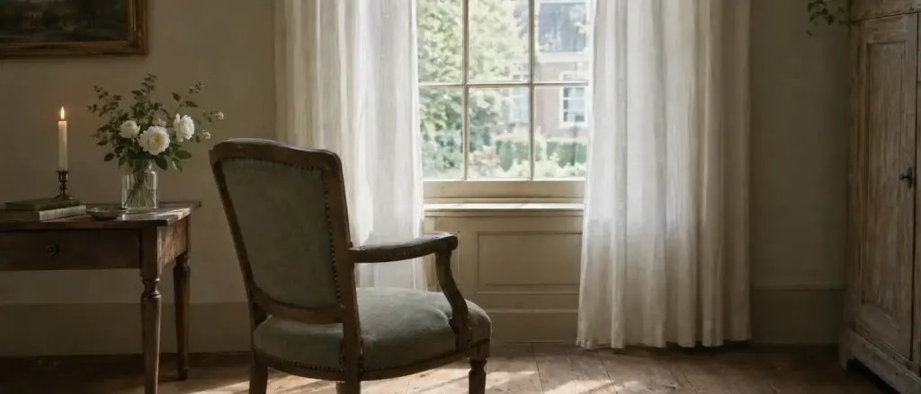 Een stille kamer met een brandende kaars en witte rozen bij het raam