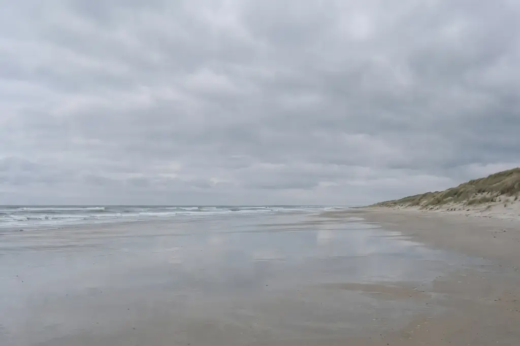 Een leeg strand bij grijs weer, met natte zandvlakte, lage branding en duinen aan de rechterkant