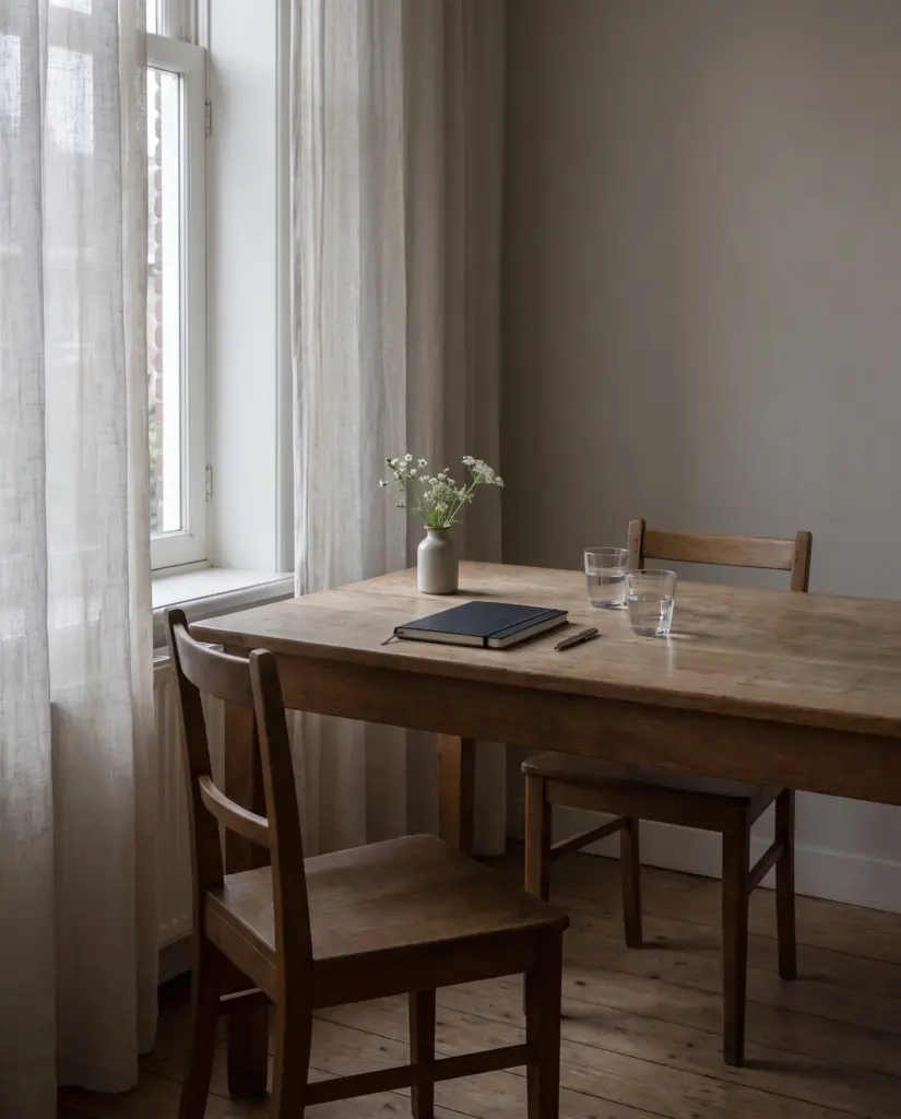 Een houten tafel bij een raam met linnen gordijnen, twee stoelen tegenover elkaar, een dichtgeslagen schrift, twee glazen water en een klein boeket witte veldbloemen