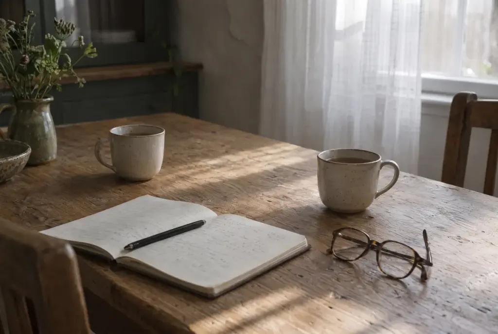 Een houten tafel bij een raam met twee koppen, een opengeslagen schrift, een pen en een leesbril