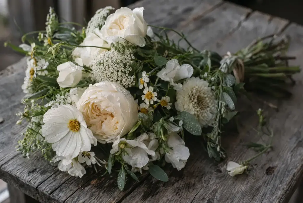 Een wit veldboeket met rozen, anemonen en margrieten op een houten tafel