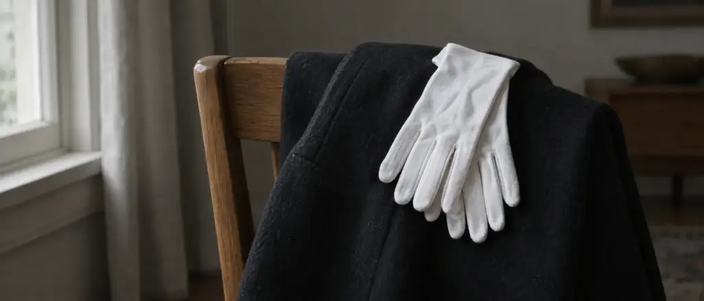 Een paar witte handschoenen op een donkere jas over de rugleuning van een stoel