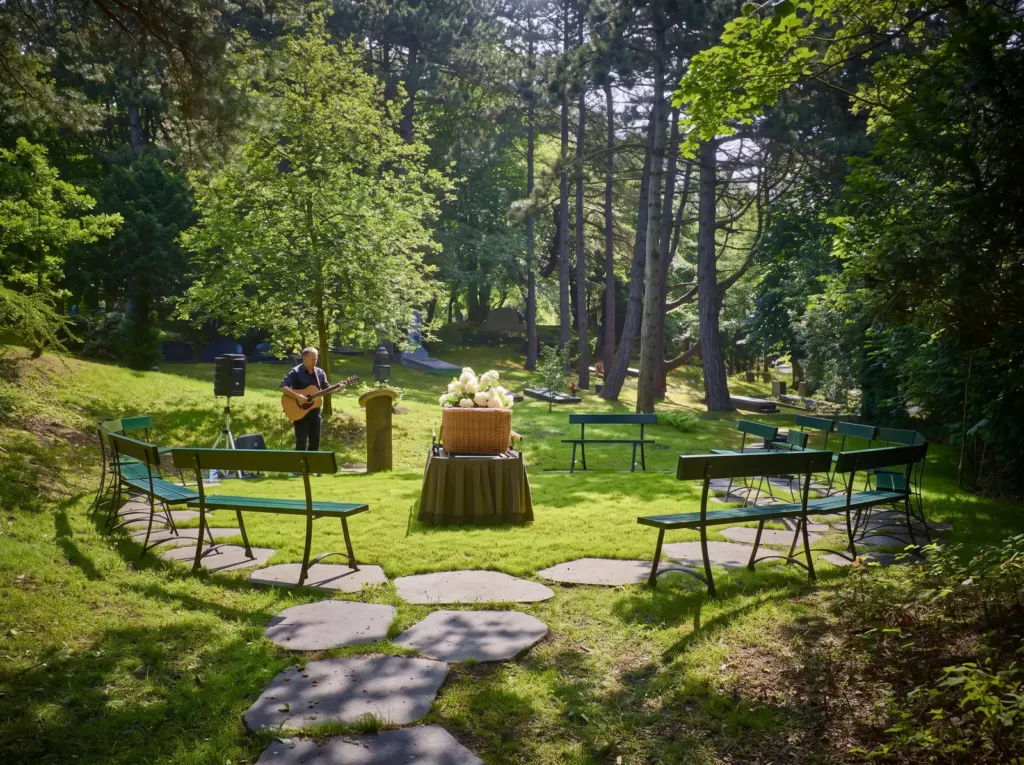 De Buitenaula Torenduin op Westerveld: groene banken in een kring op een open plek tussen dennen, met bloemen op een tafel en een gitarist
