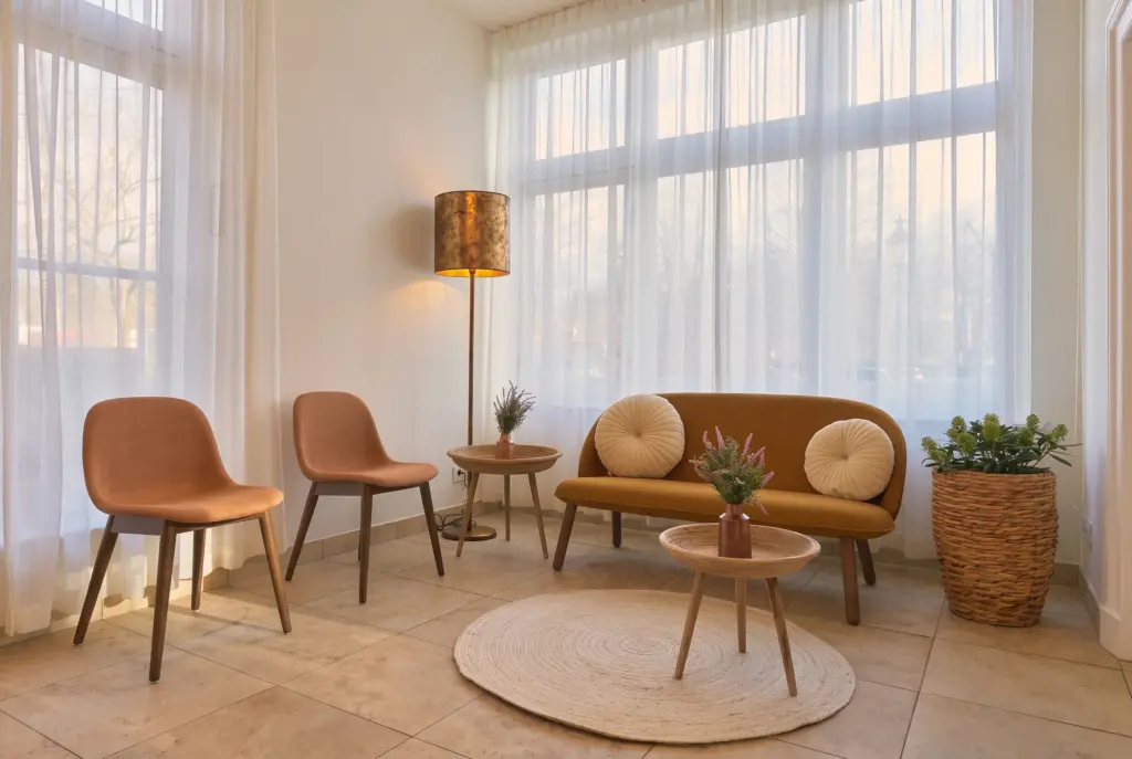 Een lichte familiekamer op Westerveld met twee stoelen, een bank met kussens en vitrage voor hoge ramen